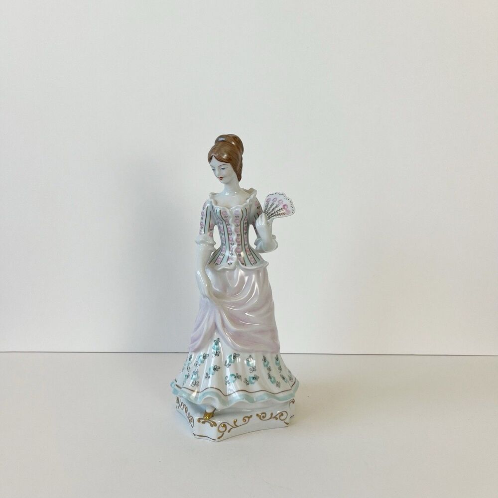 Vintage Hollohaza Hungary Hand Painted Figurine Woman with Fan Repaired Hand
